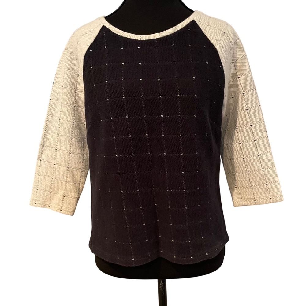LOFT Lounge Pullover Sweatshirt 3/4 Sleeve Grid Gray Cream Women's Size Small